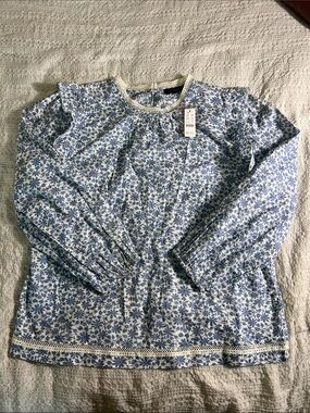J. Crew White & Blue Floral Crochet-Trim Blouse size M